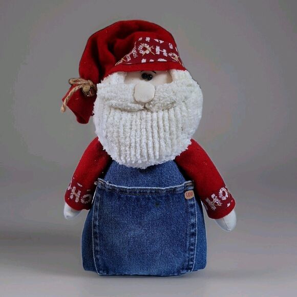 Santa Claus Standing Figure 14" Blue Denim Stocking Cap Holly Red Table Decor - Picture 1 of 7